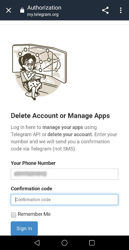 Telegram-Website „Account Löschen“: Code eingeben