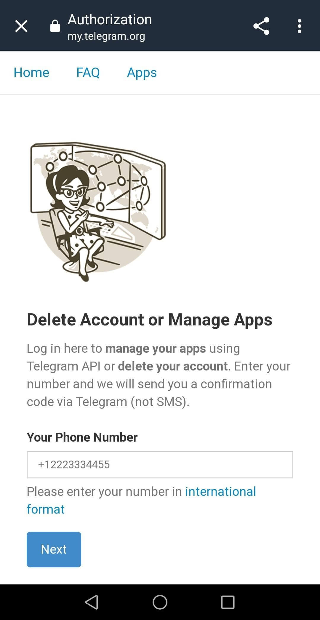 Telegram-Website „Account Löschen“: Handynummer eingeben
