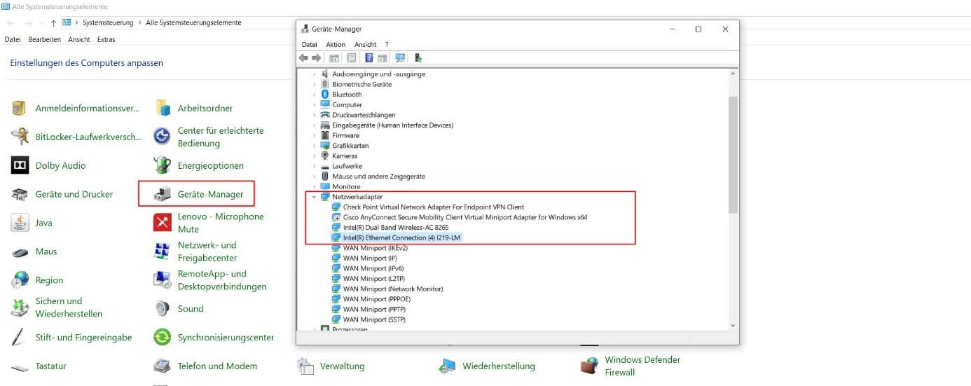 Windows 10: Geräte-Manager mit aufgeklapptem „Netzwerkadapter“-Eintrag