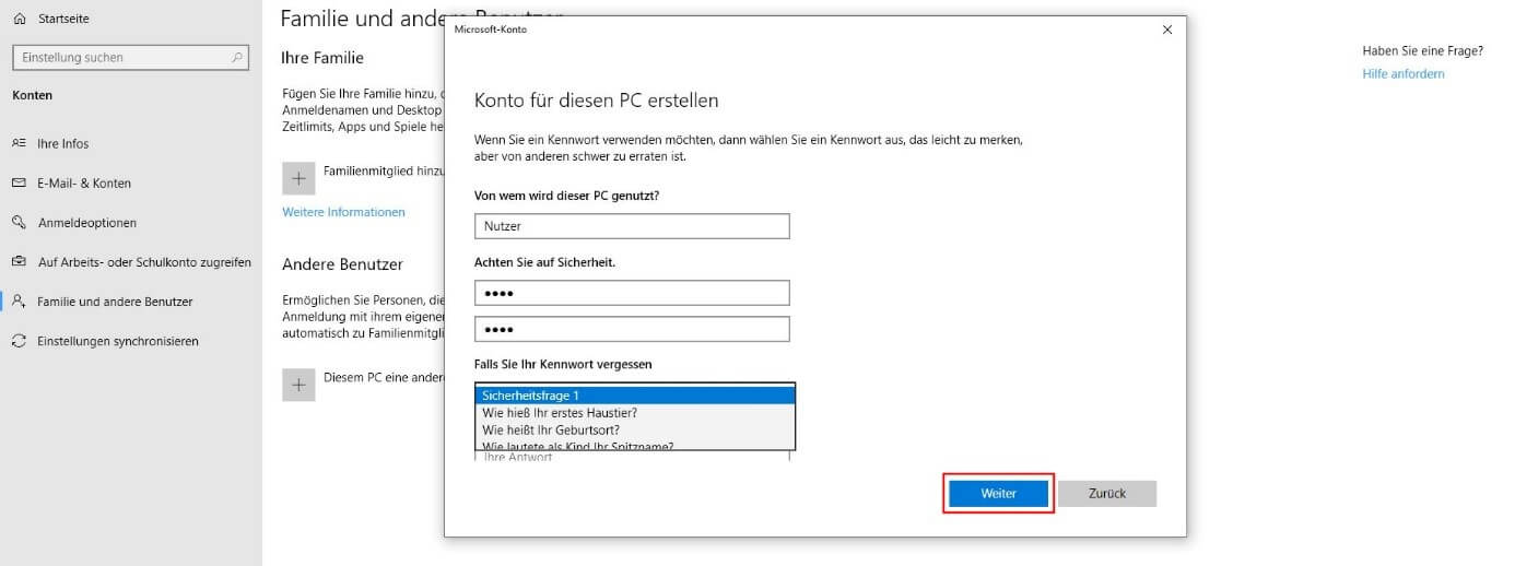 Windows 10 Menü "Konto für diesen PC erstellen"