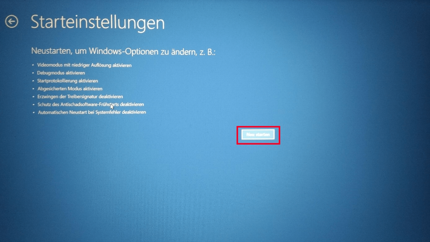 Screenshot Windows 10 UEFI – Starteinstellungen