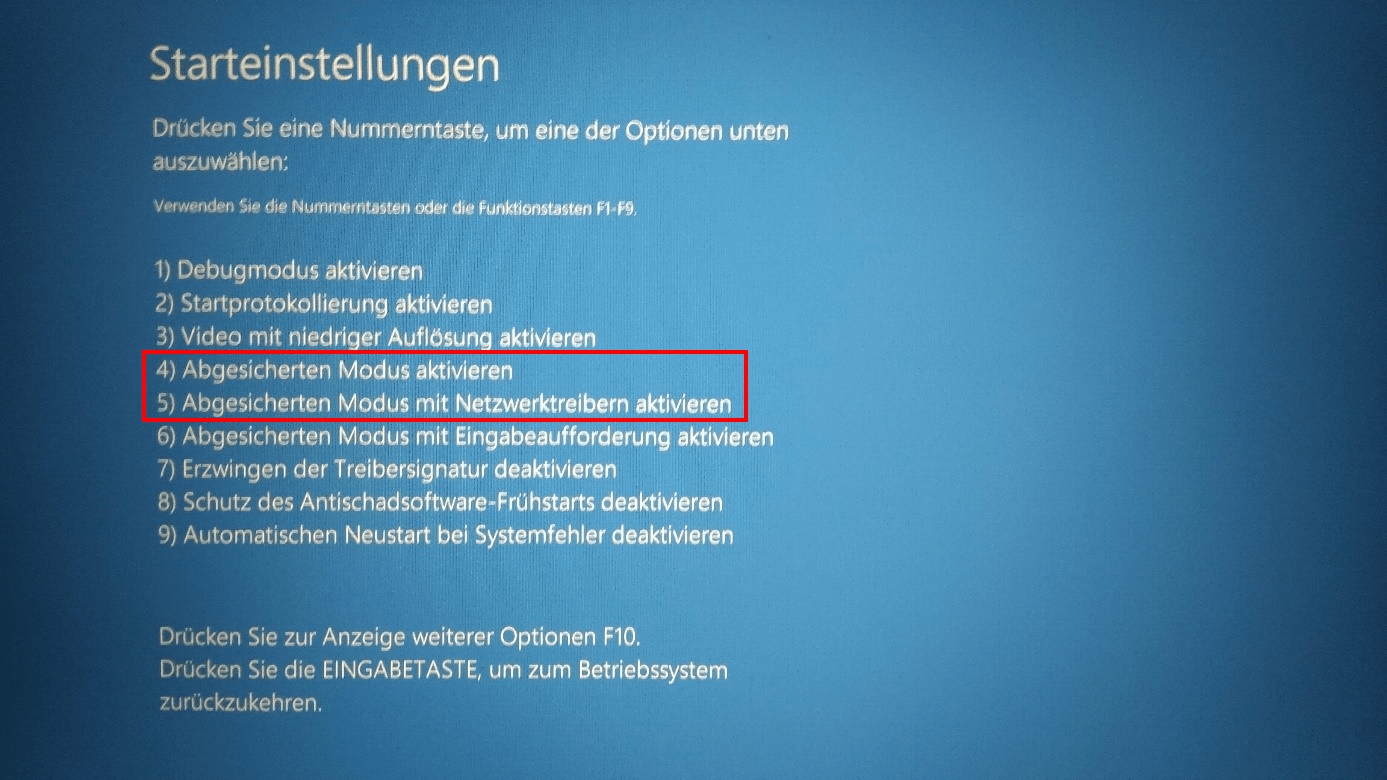 Screenshot Windows 10 UEFI – Starteinstellungen-Menü