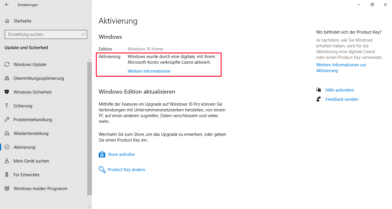 Windows 10: Aktivierungsinformationen