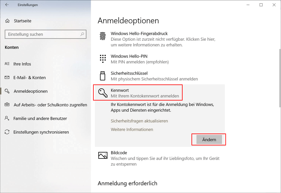 Windows 10: Anmeldeoptionen mit Kennwortfenster
