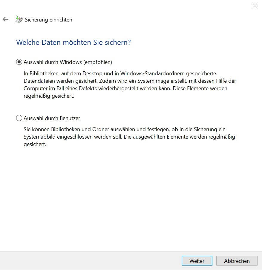 Windows 10: Auswahl zu speichernder Dateien