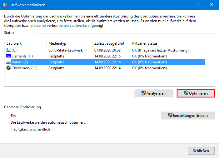 „Laufwerke optimieren“ in Windows 10