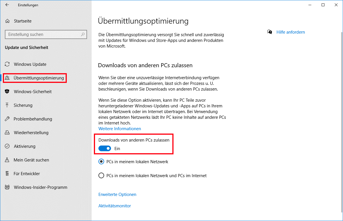 Windows 10: Einstellungen zur Übermittlungsoptimierung