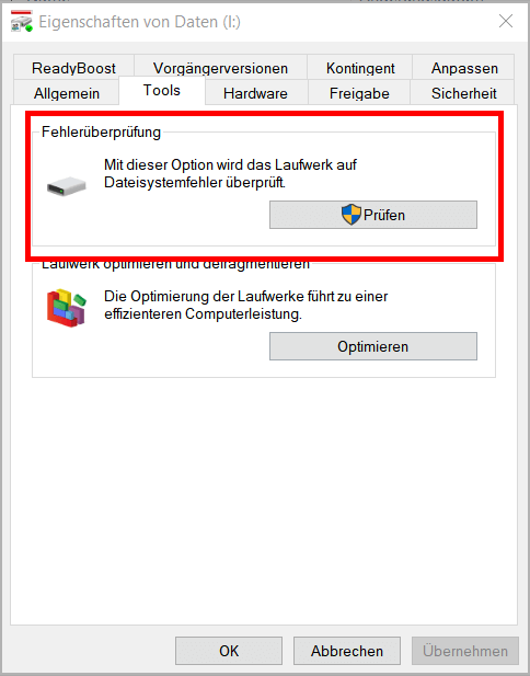 Windows 10: Fenster zur Fehlerüberprüfung des Datenträgers