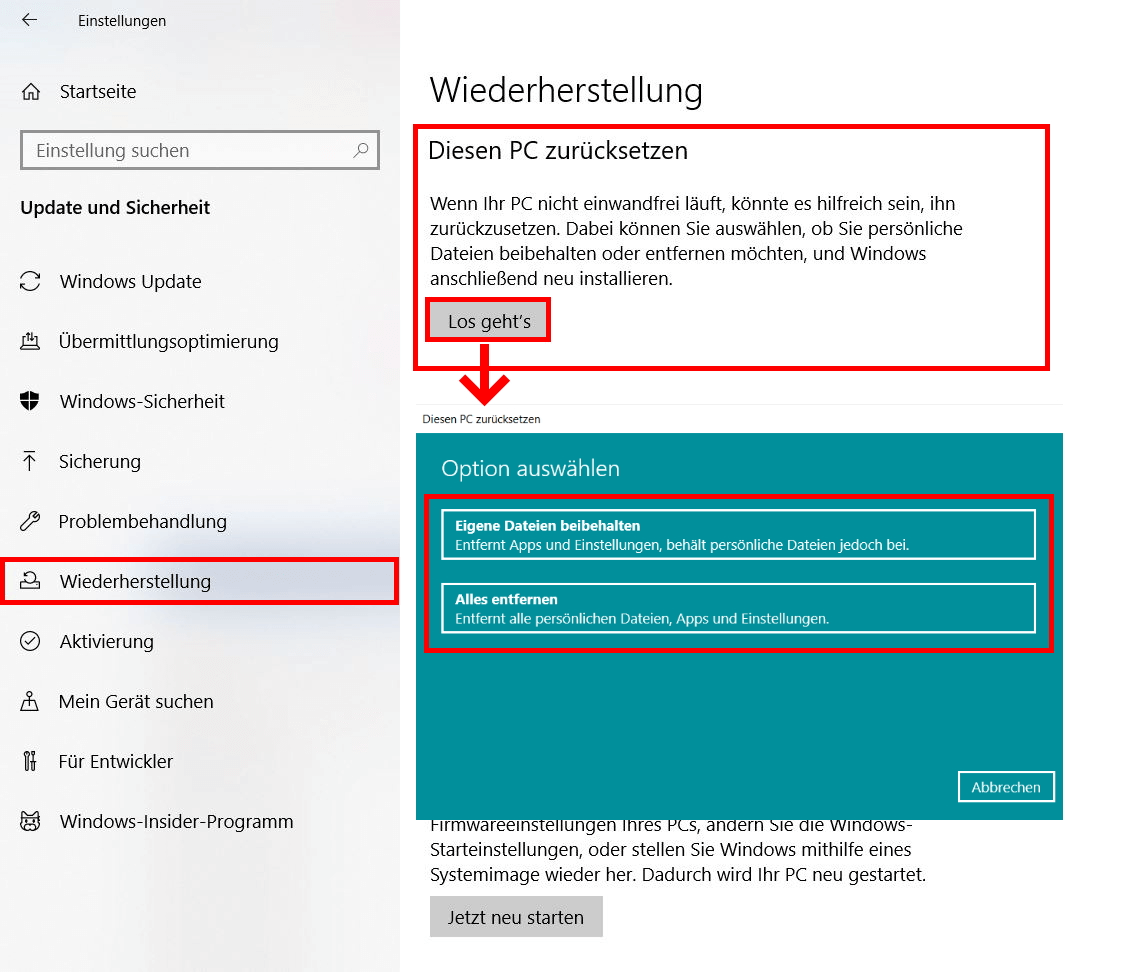 Windows 10 zurücksetzen