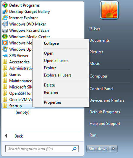 Startmenü in Windows 7 mit Autostart-Ordner