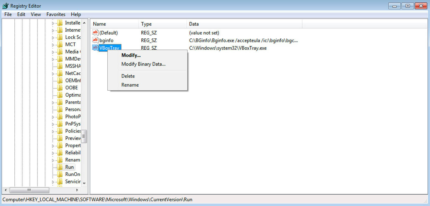 Registry mit Autostart-Einträgen in Windows 7