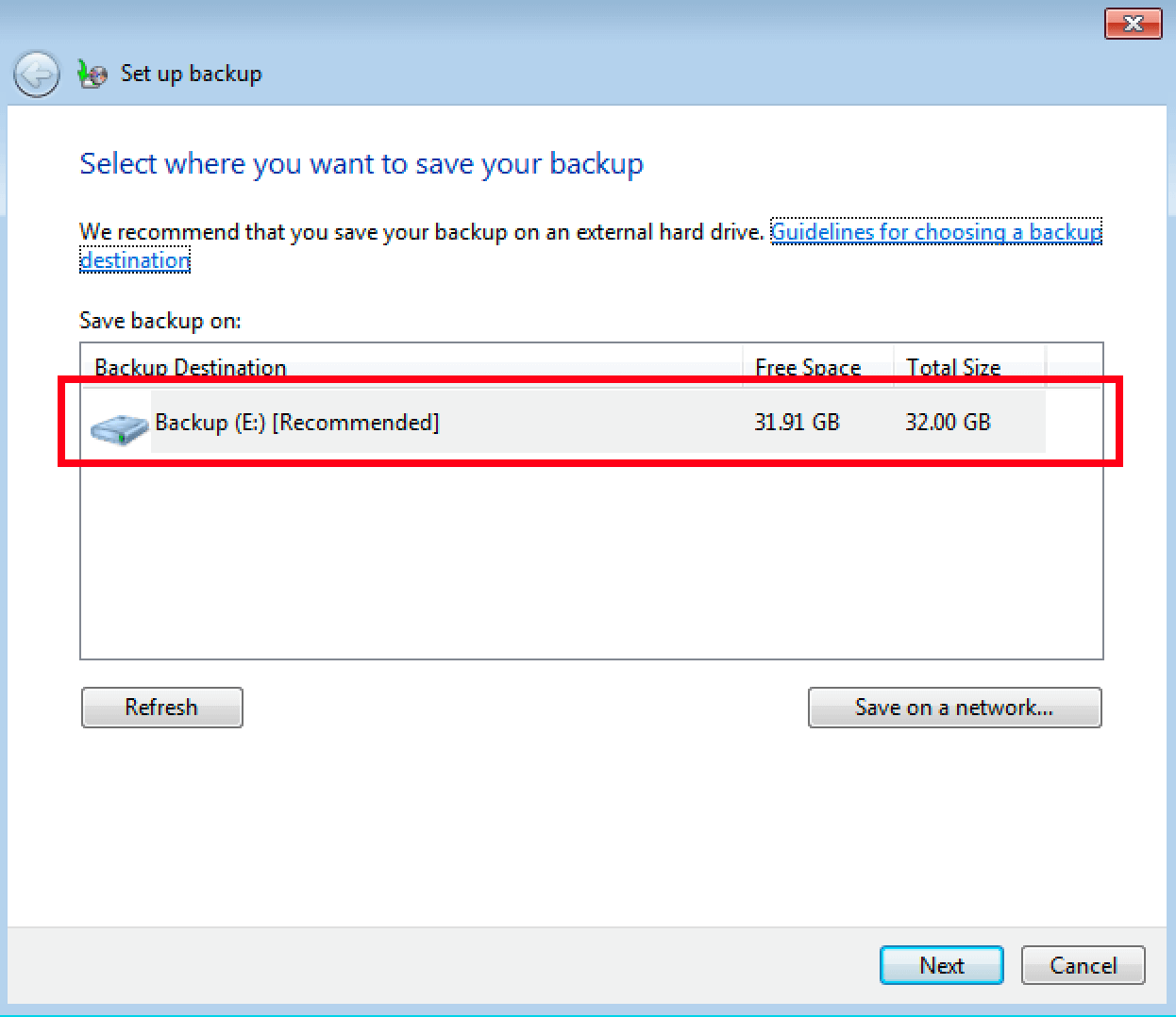 Auswahl des Speichermediums für ein Windows-7-Backup