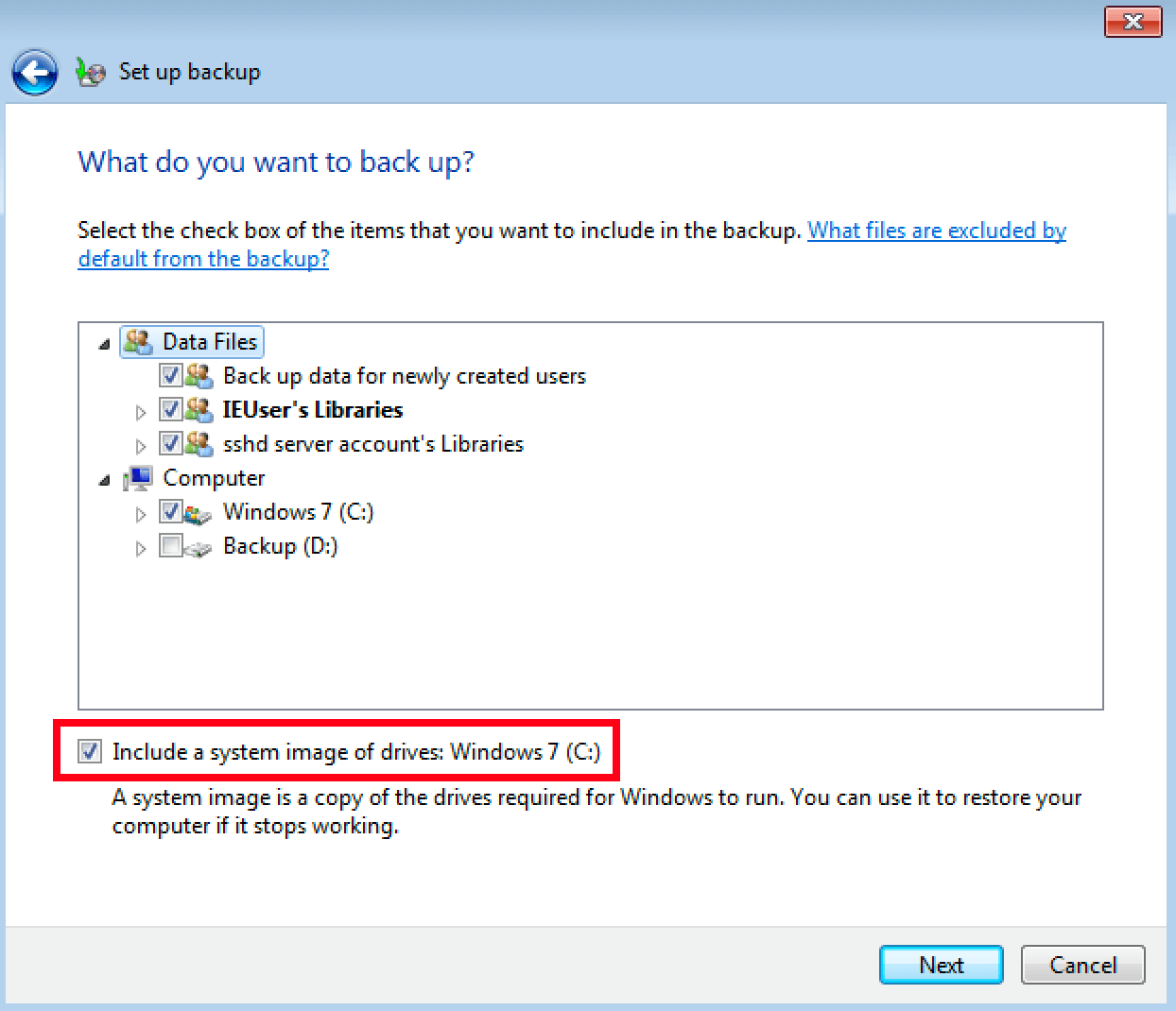 Manuelle Auswahl von Verzeichnissen für ein Backup in Windows 7