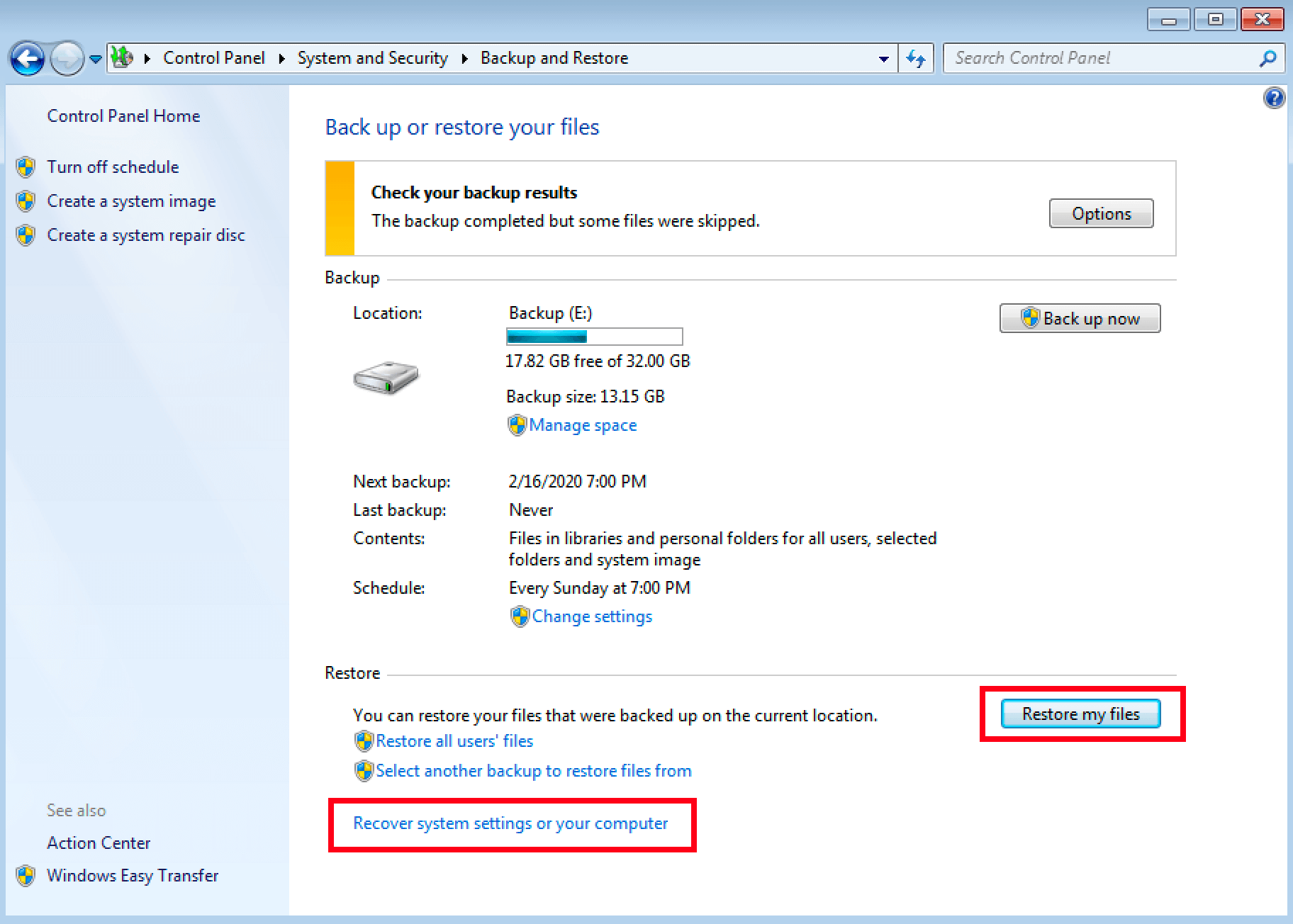 Wiederherstellungsoptionen in Windows 7
