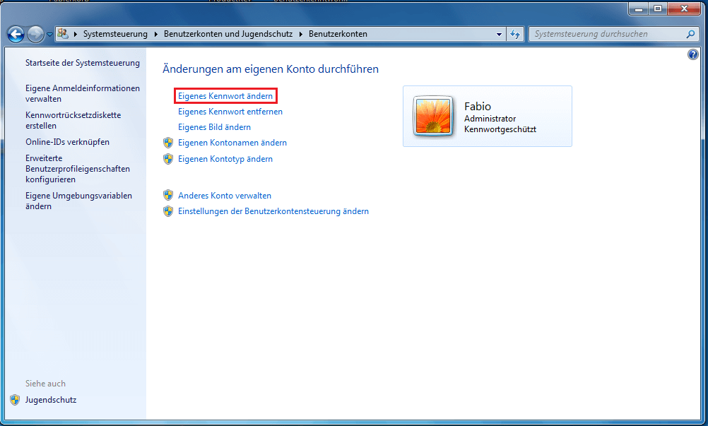 Windows 7: „Benutzerkonten“-Menü