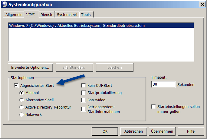 Windows 7 im abgesicherten Modus starten mithilfe der Systemkonfiguration