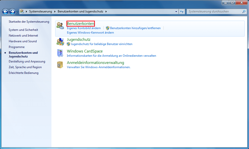 Windows-7-Menü „Benutzerkonten und Jugendschutz“