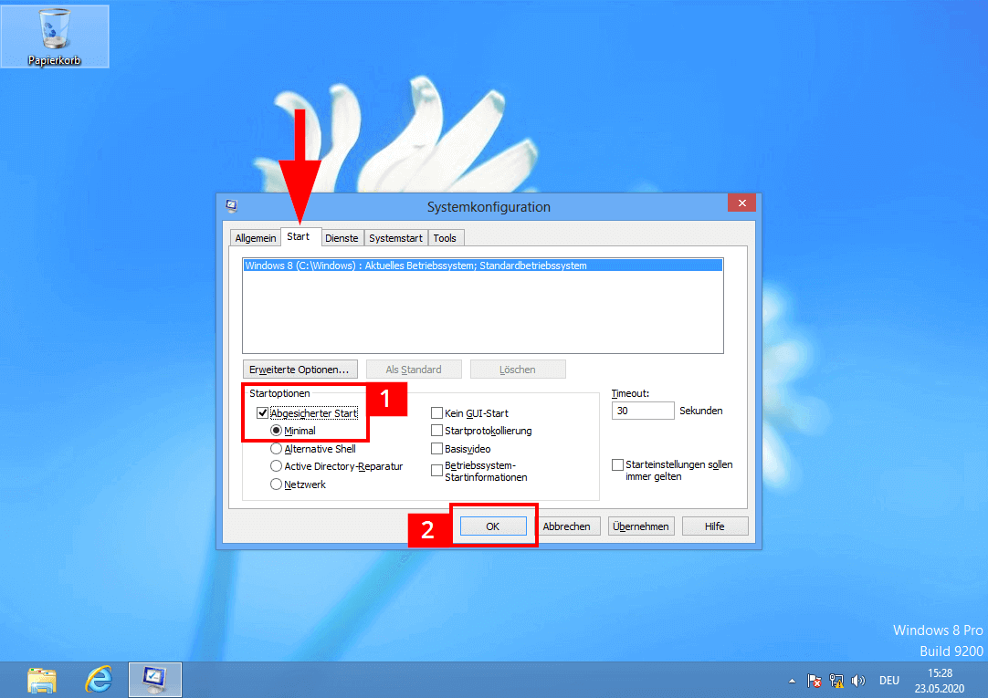 Abgesicherten Start in der Systemkonfiguration von Windows 8 wählen
