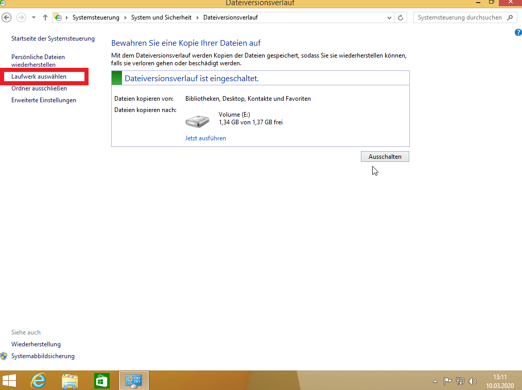 Laufwerksauswahl für die Windows-8-Sicherung