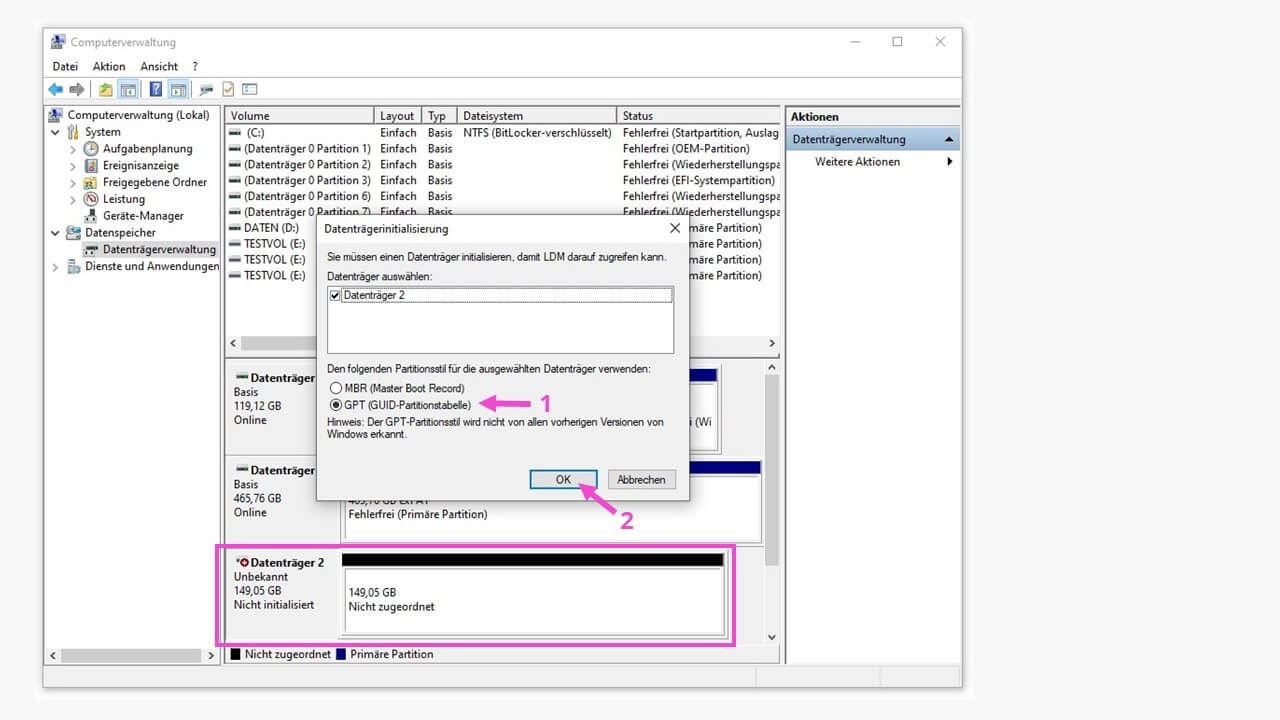 Windows-Datenträgerverwaltung mit Datenträgerinitialisierung