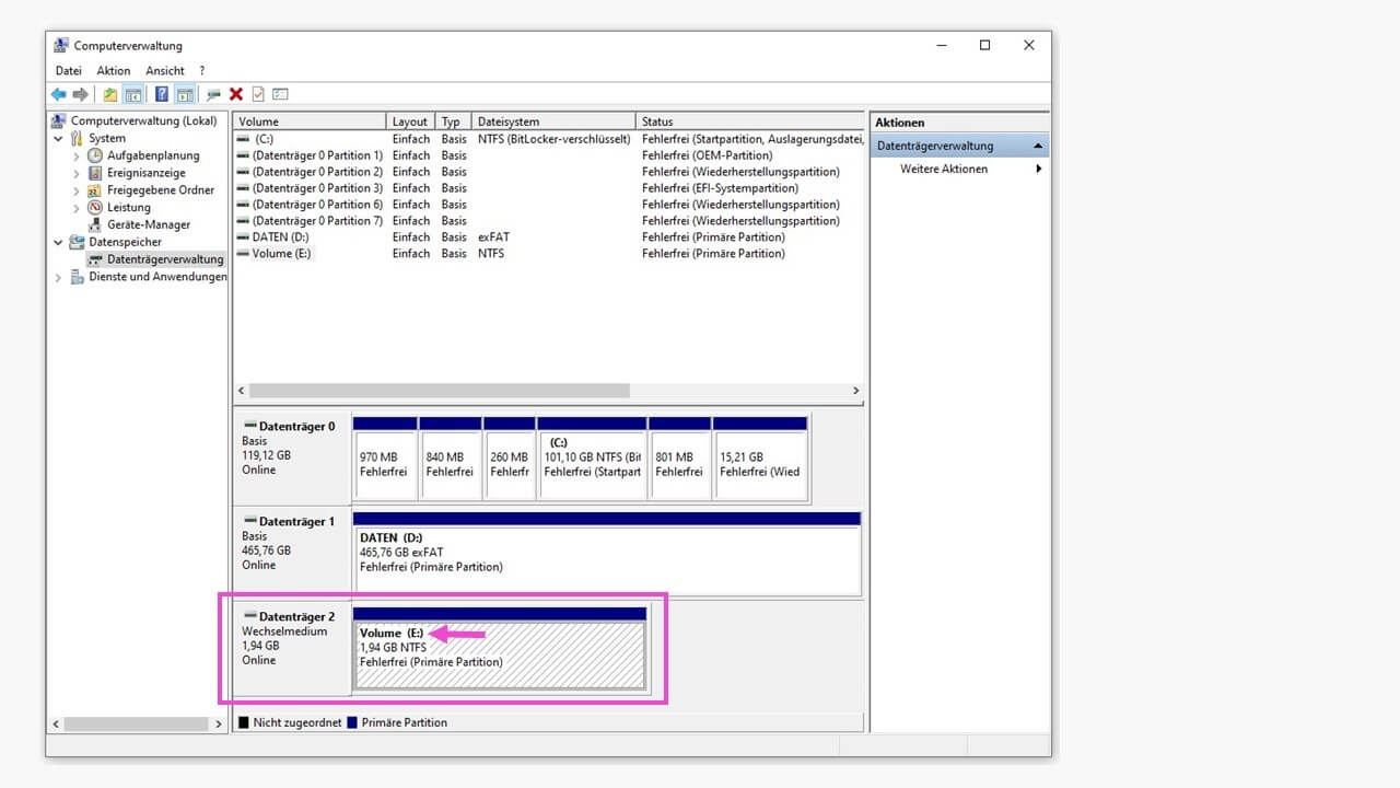 Windows-Datenträgerverwaltung mit erkannten Datenträgern