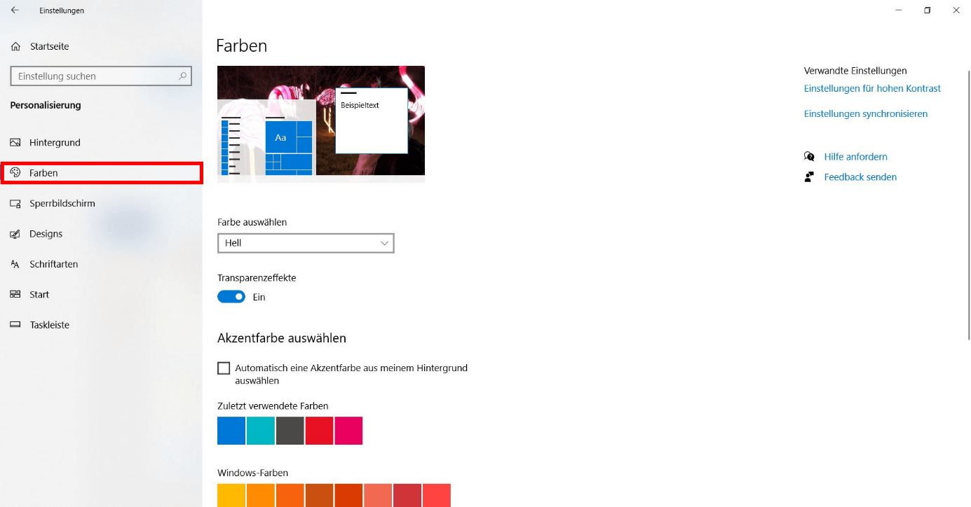 Windows-Einstellungen: „Farben“