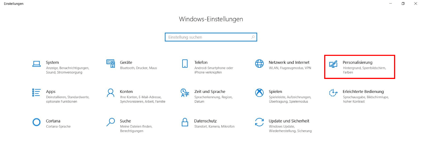 Windows-Einstellungen: Option „Personalisierung“