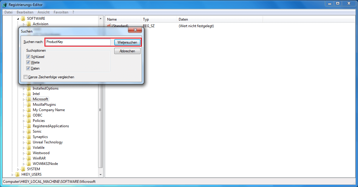 Windows Registry mit geöffneter Suchfunktion