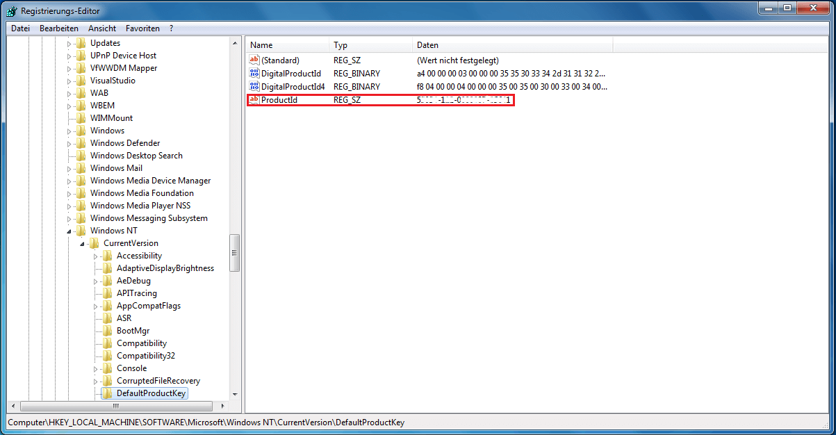 Windows Registry mit Windows 7 Product Key