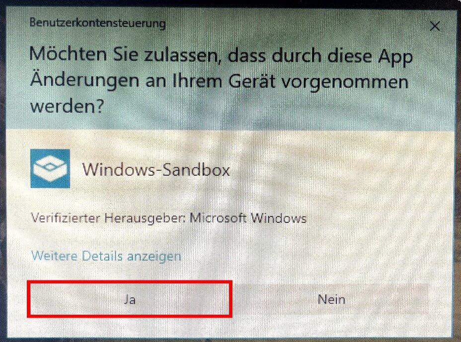 Windows-Sandbox aktivieren: Sicherheitsabfrage