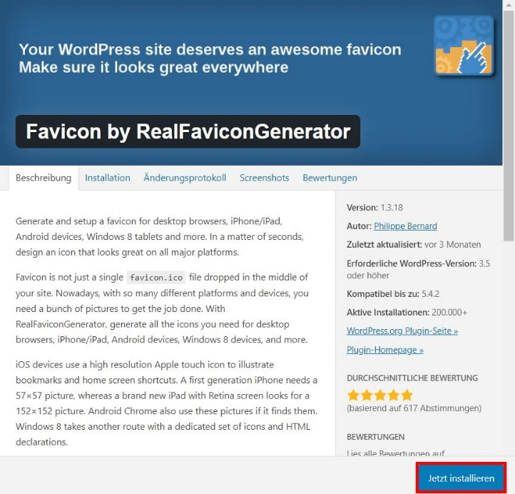Installationsmenü für das WordPress-Plug-in “Favicon by RealFaviconGenerator”