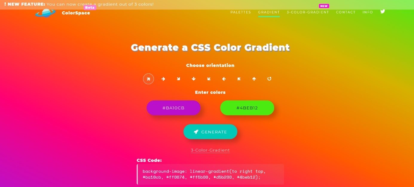 Screenshot des CSS-Color-Gradient-Generators auf der Website ColorSpace mit einem violetten und grünen Farbverlauf