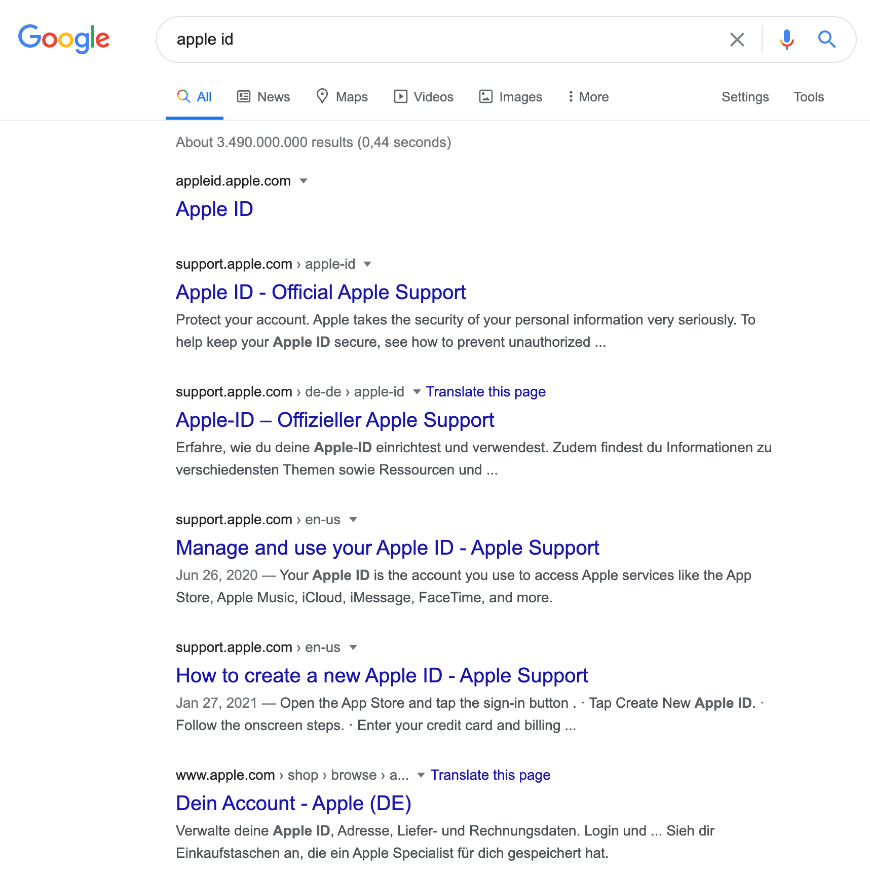 SERP der Google-Suche 'apple id'