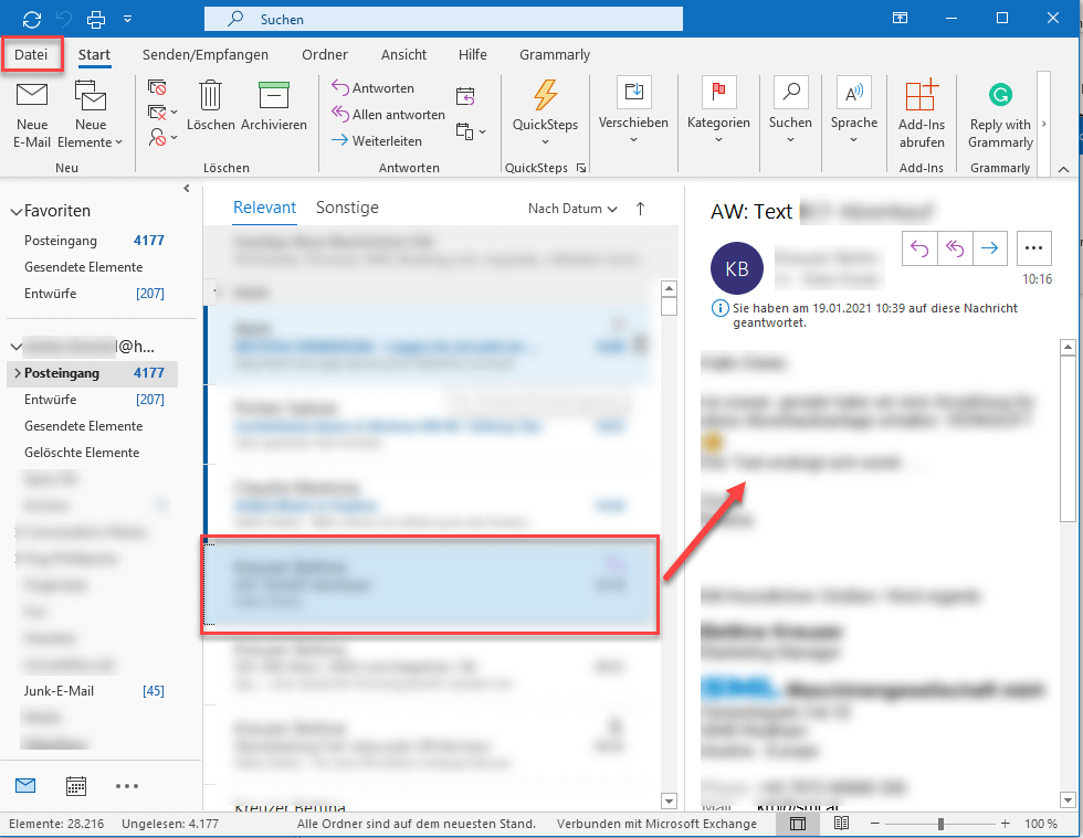 E-Mail-Programm Outlook, markiert sind die Registerkarte „Datei“ und die für den Druck ausgewählte E-Mail 