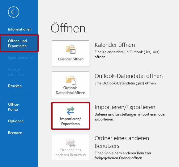 Outlook: Funktion „Importieren/Exportieren“ 