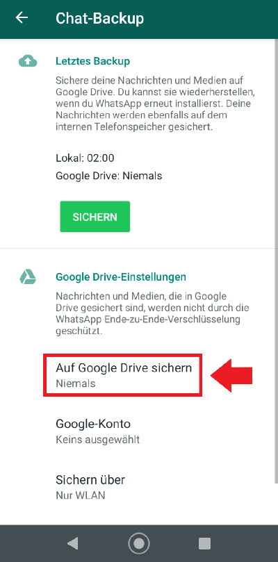 WhatsApp-Option „Auf Google Drive sichern“ (Backup erstellen) 