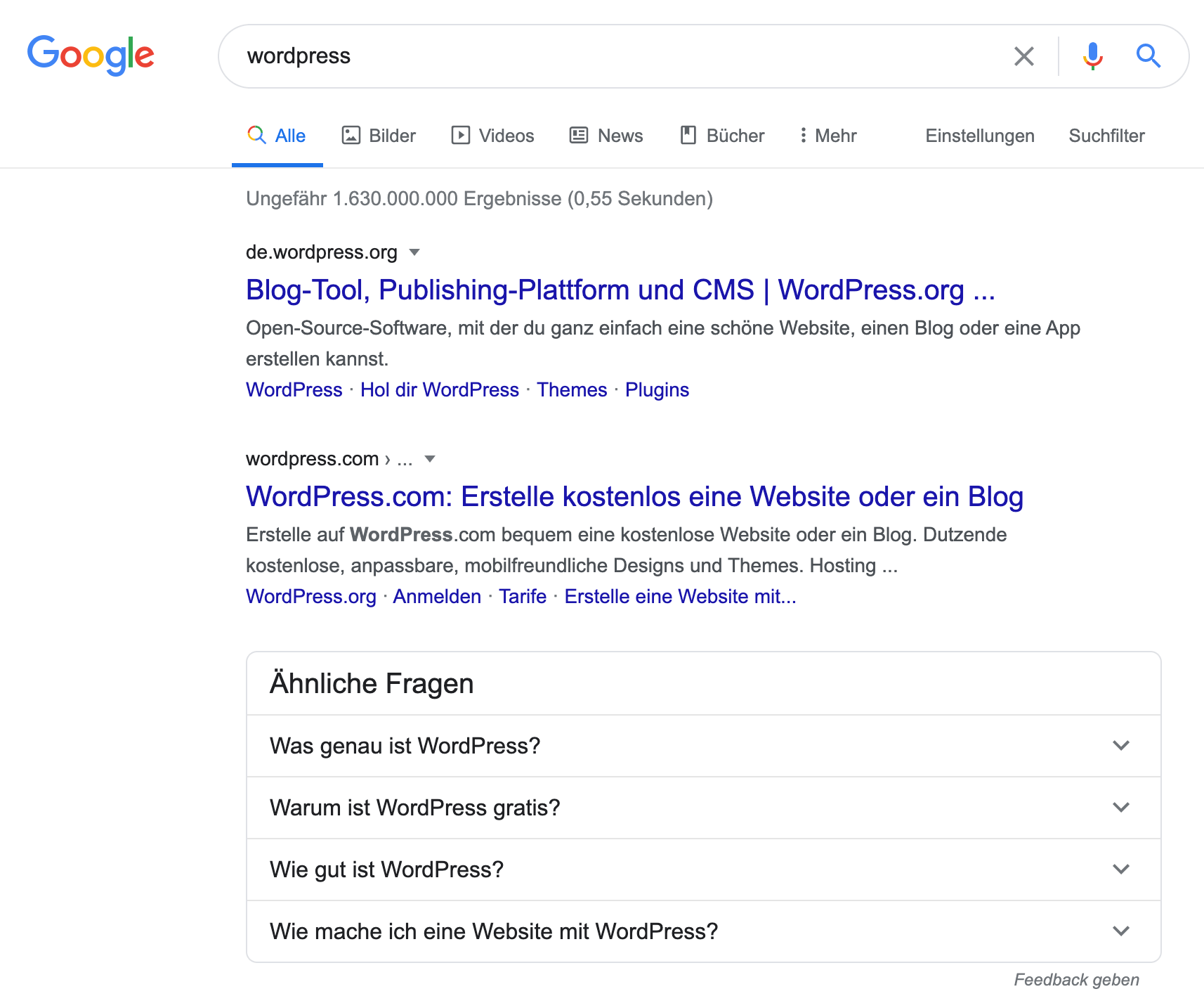 SERP der Google-Suche 'wordpress'