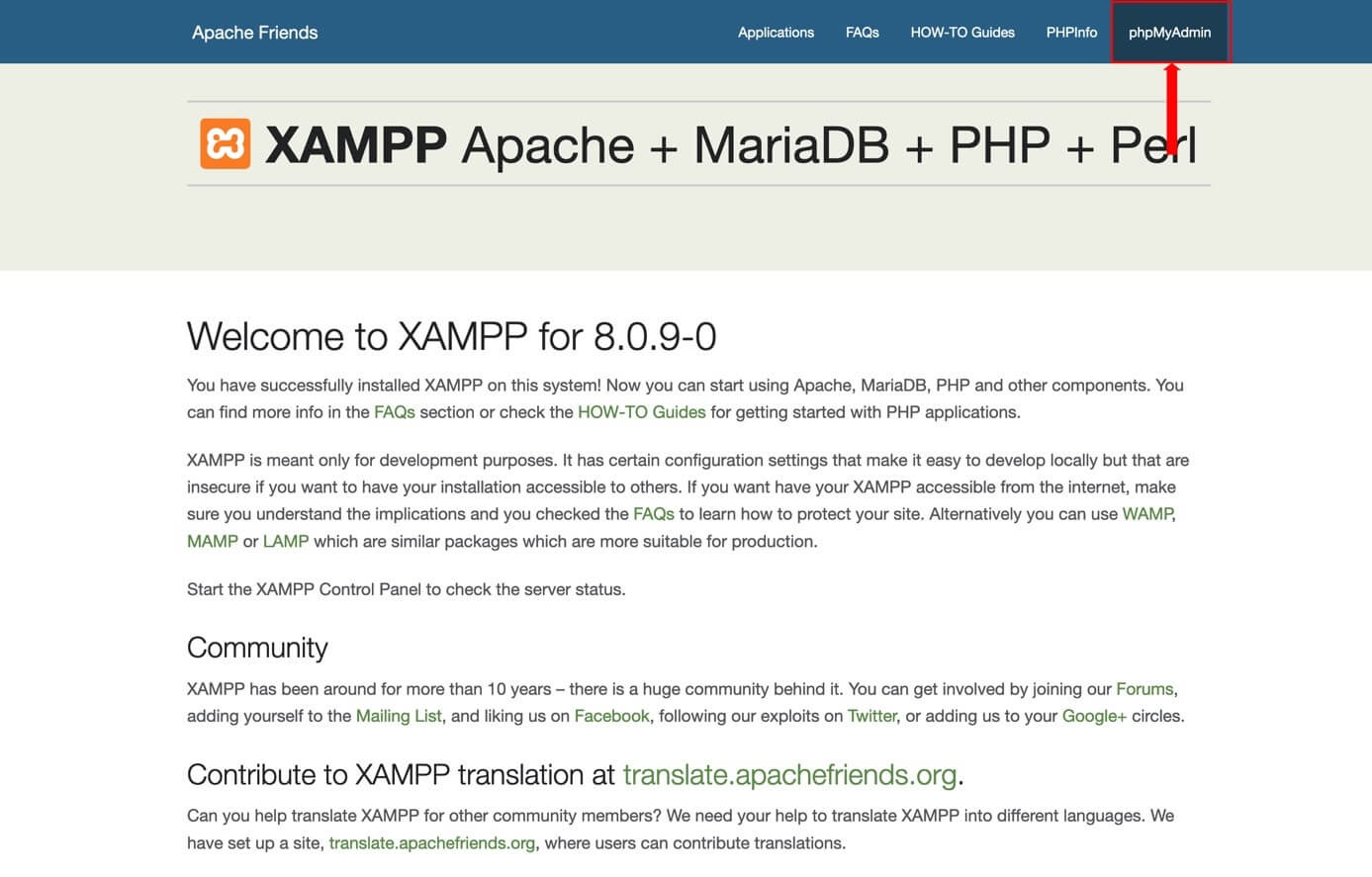XAMPP-Seite mit Menüpunkt „phpMyAdmin“