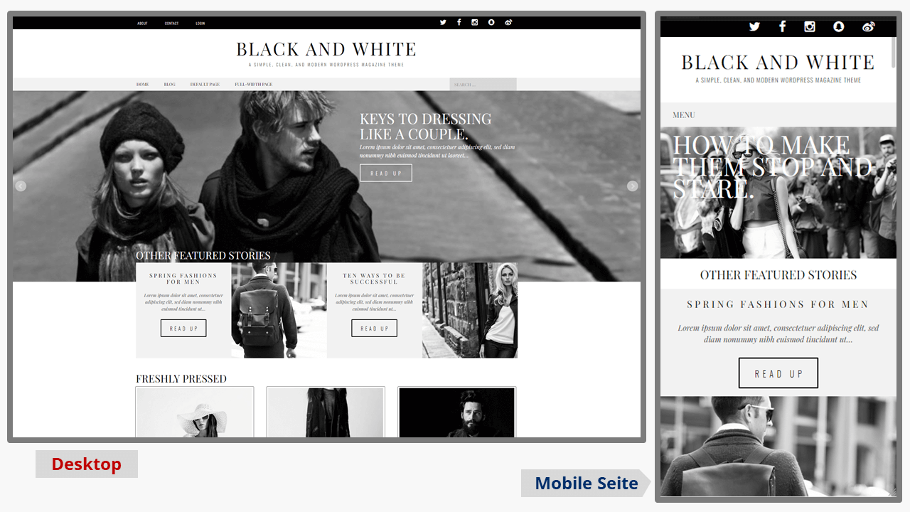Mobile und Desktop-Screenshots des WordPress-Blog-Themes Black and White