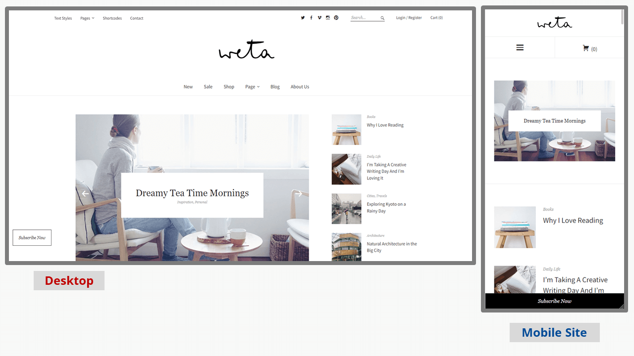 Screenshot der WordPress-Blog-Vorlage Weta auf dem Desktop und in der Mobilversion