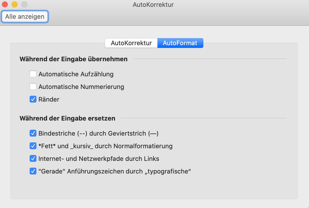 Outlook für Mac: AutoFormat-Optionen 