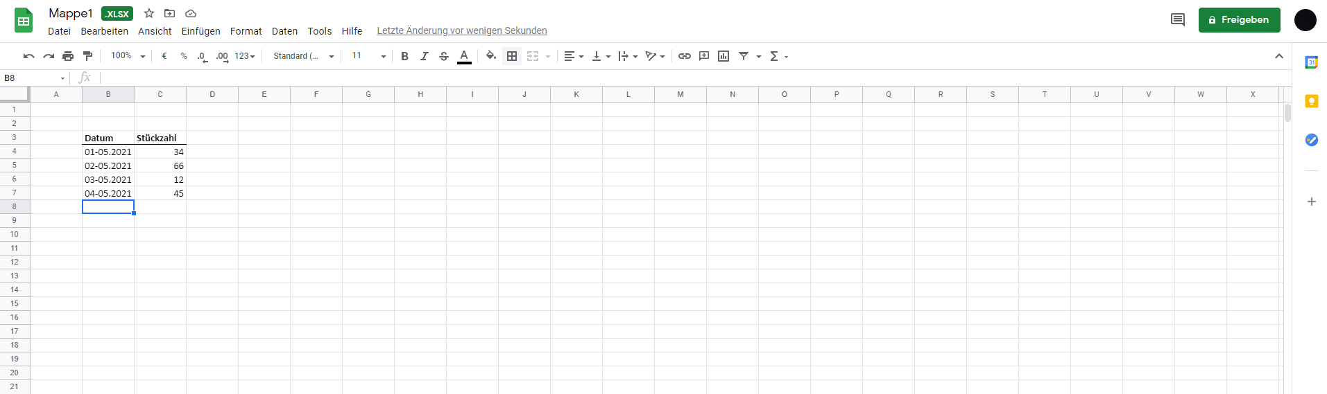 Geöffnete Excel-Datei in Google Tabellen (Sheets)