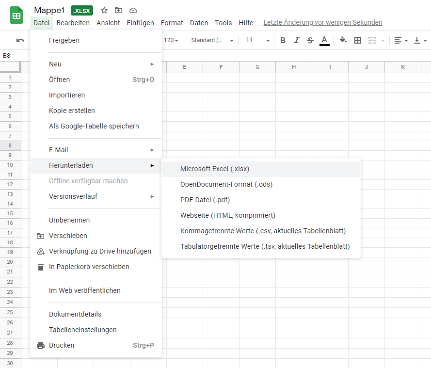 Google Sheets: Download der bearbeiteten Excel-Tabelle 