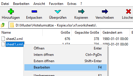 Abbildung der Excel-Datei, Verzeichnis „xl\worksheets“, geöffnet im Programm 7-Zip, mit Kontextmenü 