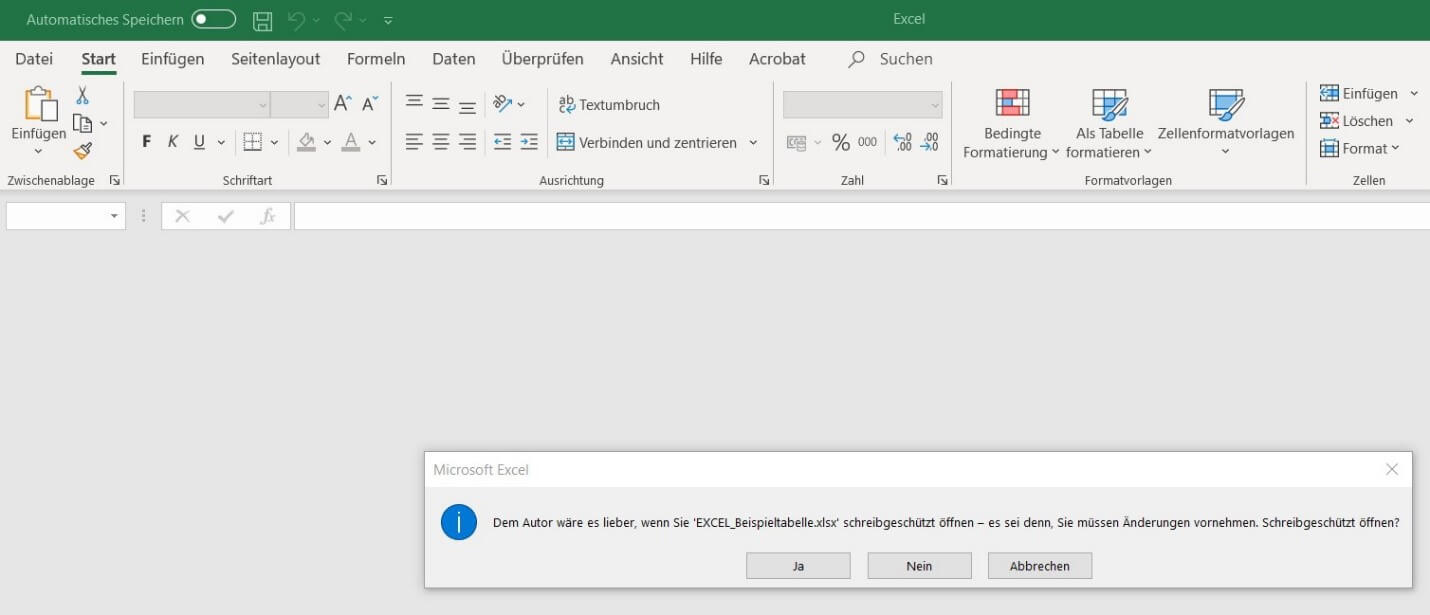 Excel-Hinweis „Excel-Datei schreibgeschützt öffnen“ 