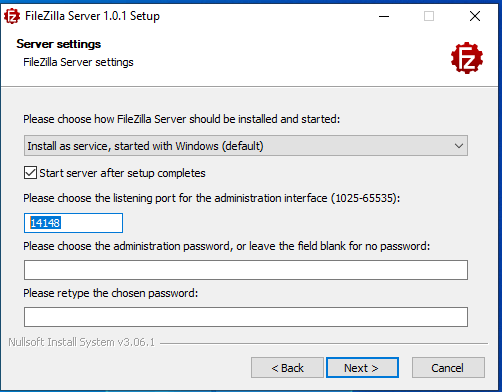 FileZilla Server Settings mit Portnummer