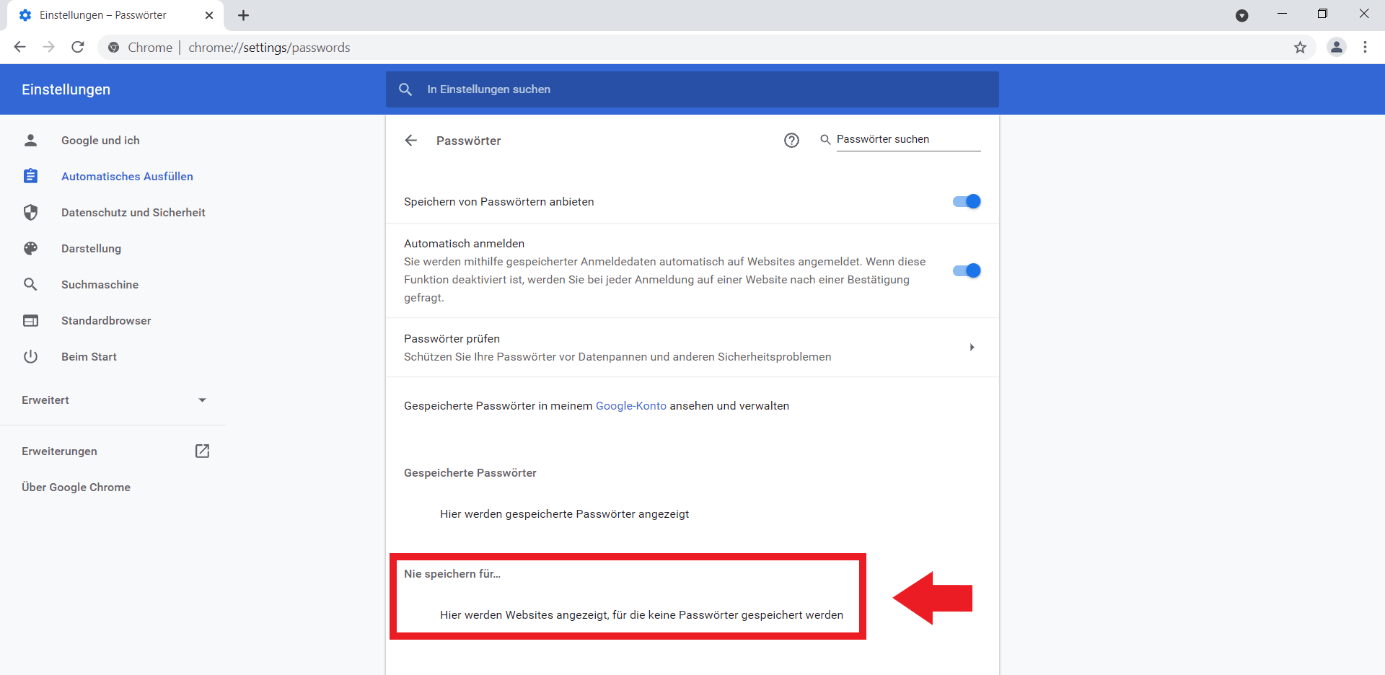 Google Chrome: Menü „Passwörter“, Option „Nie speichern für...“