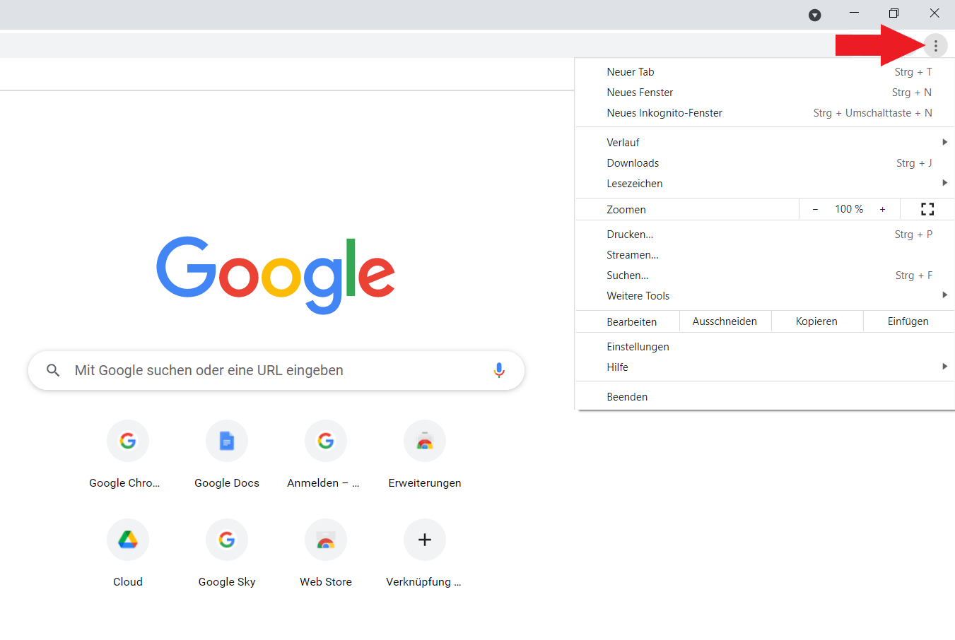 Chrome-Menü „Google Chrome anpassen und verwalten“ 