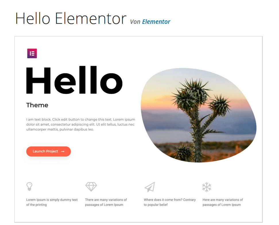 Vorschau des WordPress-Themes Hello Elementor auf WordPress.org