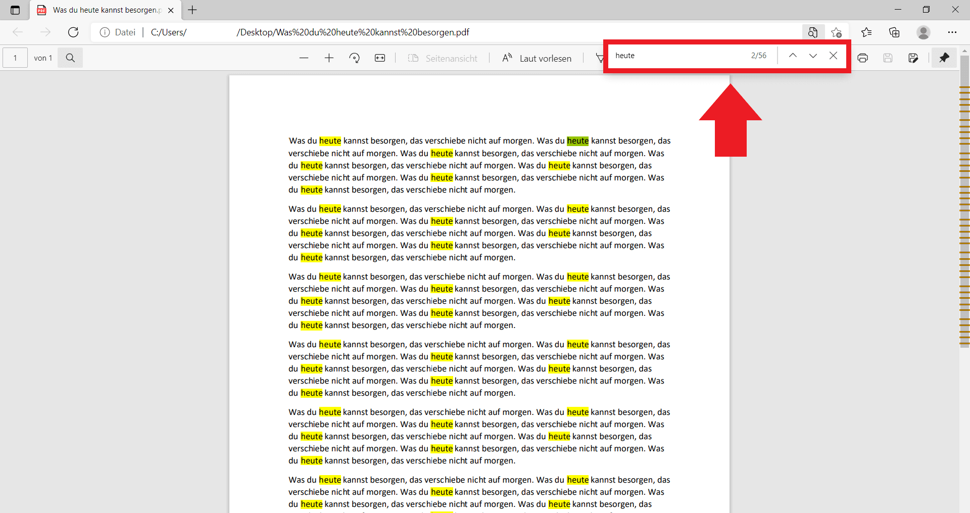 Browseransicht eines PDF-Dokuments mit Suchfeld